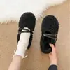 Confortáveis sapatos Mary Jane baixos quentes e peludos, sapatos de algodão estilo noite para mulheres, novo modelo outono e inverno 2026 com tira de fivela, adequados para uso externo
