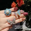 Anillo de Joyería Ojo de Gato Exquisita Flor Mariposa Piedra Preciosa Chapado en Oro 18K Turquesa Azul Concha de Copo de Nieve Conjunto de Anillos de Perlas
