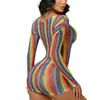 Lencería Sexy de una Pieza Estilo Europeo y Americano Colorido Vestido Body de Manga Larga Malla de Pescado Rayas Multicolor Transparente