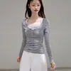 Camiseta de Manga Larga para Mujer Lyocell Tencel Cuello Henley Americano Botones Raya de Contraste 2026 Otoño Nueva Llegada Top Tendencia