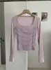 Camiseta feminina KEKEZOON estilo delicado, retalhos em malha, gola quadrada, plissada, manga longa, top outonal slim fit 9105