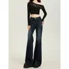 Calça jeans boca de sino azul escuro para mulheres, moderna e versátil, nova calça pantalona de cintura baixa estilo americano