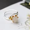 Conjunto Atacado de Joias de Prata Nafoge com Jade Hetian Natural Anel de Prata Vintage Flor de Lótus Anel Aberto de Prata 925 Sterling para Mulheres