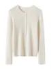 Blusa de Tricô com Gola Redonda e Meio Botão em Cashmere para Mulheres, Simples para o Trabalho, Manga Longa, Corte Slim, Camada Base Versátil de Cashmere