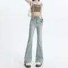 Azul claro American Micro-flare Jeans Feminino Outono Nova Cintura Alta Slim-fit Slim-fit Calças de Ferradura de Chifre Pequeno
