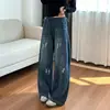 Calça Jeans Maternity Azul Rasgada de Cintura Alta Wide Leg Solta para Uso ao Ar Livre, Nova Casual Plus Size para Gestantes 2026