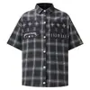 Camisa Retro Americana de Cuadros Degradados de Manga Corta para Hombres y Mujeres, Diseño de Bordado Patchwork de Alta Calle, Camisa de Cuello Holgado de Nicho