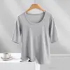 Camiseta Feminina de Verão Nova com Gola U Rosqueada, Manga Média, Camisa Base Slim Fit, Top Versátil de Meia-manga