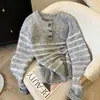 Suéter de punto grueso con cuello redondo a rayas y tira de botones para mujer, holgado, estilo perezoso de otoño e invierno, jersey suave
