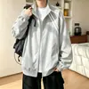 Jaqueta listrada color-block com gola alta estilo americano para homens, casaco esportivo casual de corte solto para o outono, peça versátil para adolescentes