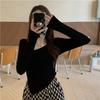 Camiseta de manga larga con cuello cuadrado irregular estilo japonés y coreano, diseño de sentido coreano, base ajustada, top transfronterizo para mujer, venta al por mayor, comercio exterior