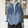Jaqueta jeans com vibe americana, estilo high street, lavada e com aspecto desgastado, para homens, jaqueta casual retrô da moda com gola de lapela para primavera e outono