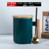 Caneca Cerâmica Ins com Cabo e Tampa de Madeira, Colher, Copo d'Água Artístico para Casal, Copo de Leite, Caneca de Café, Logo Personalizado, Uso Doméstico