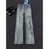Jeans para hombre con estampado de rayo azul y letras, pantalones con vibra ajustados para otoño e invierno, pantalones rectos de alta calle americanos