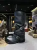 Botas apiladas para mujer de cuero genuino estilo "Grape Mom" con tacón grueso, caña ancha, suela gruesa, aspecto desgastado y hebilla de correa cruzada
