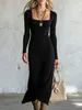 Vestido longo de malha canelada vertical elástica, gola quadrada, manga longa, estilo europeu e americano, corte justo, que valoriza a silhueta, bodycon, vestido longo sereia