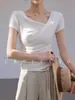 Camiseta de Manga Corta con Cuello Drapeado de Lana Tencel Estilo Francés Perezoso Chic para Mujer con Diseño Irregular Cortado al Sesgo Tridimensional para Verano