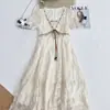 Novo Vestido de Renda Estilo Sudeste Asiático Transfronteiriço Estilo Francês Delicado para Mulheres com Mangas Bufantes, Ajuste na Cintura, Vestido Longo Emagrecedor