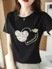 Camiseta estampada com Mickey e coração, gola redonda, preto e branco, algodão mercerizado coreano, modelagem slim, para o trabalho, primavera e verão, nova, manga curta feminina