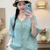 Cardigan Mambo de Menta de Verão Retro Bordado Pesado Algodão Linho Camisa Artística Top Solto Emagrecedor que Cobre a Barriga Roupa de Fora