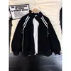 Chaqueta de Patchwork Rayada Negra para Hombre, Cardigan Sudadera de Marca Trendy de Otoño para Jóvenes, Chaqueta Deportiva con Cuello Alto