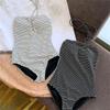 Fábrica de Origen Corea del Sur Dongdaemun Mismo Estilo Rayas Retro Cuello Verano Vacaciones Traje de Baño de una Pieza para Mujer Suministro Transfronterizo