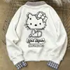 Sudadera con Cuello Polo Estilo Universitario Japonés con Estampado de Hello Kitty para Mujer, Otoño e Invierno 2025, Corte Holgado, Top Parche de Dos Piezas Falsas