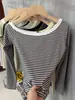 Top de Manga Larga Rayado Asimétrico de Moda para Mujer, Hombros Descubiertos Ajustado Elegante Nuevo de Moda Camiseta