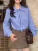 Pusumede Rua da Esquina Gravata Borboleta Azul Camisa Listrada Camisa de Manga Longa Feminina Top Elegante