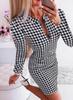 2021 transfronteiriço AliExpress best-seller houndstooth vestido saia saia de manga comprida