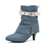 Botas de Cano Curto Apontadas Salto Agulha Outono/Inverno 2026 com Rebites e Fivela de Cinto, Botas de Cano de Jeans, Botas de Salto Alto Solas, Tamanhos 33-48, Botas de Exportação
