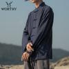 Camisa de botão de linho e algodão de linho de um andar estilo chinês novo blusa Zhongshan terno Tang gola de manga comprida retrô estilo chinês