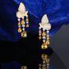 Han Wei Incrustado Zircón Color Rosa Rojo Alas de Mariposa Borla Gotas de Agua Pendientes Anillo Diosa Banquete Reunión Anual Pendientes Completos de Diamante Pines Plateados