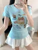 8536# Verão Novo Doce Poá Desenho Animado Estampado Patchwork Manga Curta Camiseta Feminina Slim Fit com Alças e Bojos Top