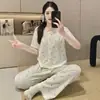Pijama para Mujer de Primavera y Otoño, Algodón Manga Corta Pantalón Largo, Lindo Moño Estilo Pequeño Chanel, Conjunto Delgado de Ropa de Casa para Niña