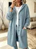 Chaqueta de punto con capucha de color liso, superventas transfronteriza para otoño e invierno para mujer, con cordón, diseño de un solo pecho, bolsillos, corte holgado, mangas largas y textura suave y agradable para la piel