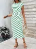 Vestido Longo Elegante com Amarração na Cintura, Listrado, Gola Redonda, Manga Curta para Verão Feminino 2026. Moda Feminina de Alta Qualidade