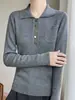 Camisa Base de Malha com Gola Polo para Mulheres 2026 Novo Suéter Fino de Lã Manga Longa Slim Fit Listrado para Usar por Baixo