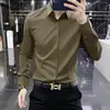Camisa de manga larga de alta gama francesa, no planchar, antiarrugas, caída suave, para hombre, corte slim, elástica, color liso, camisa casual para otoño