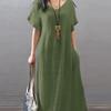 Vestido con cuello en V de comercio exterior europeo y americano 2024, de algodón y lino de Amazon, suelto, informal, de color sólido, con bolsillos, ropa de mujer