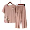 Pijama de Algodão e Linho para Mãe, Conjunto Feminino de Verão com Manga Curta, Roupa de Casa Casual Fina de Verão para Meia-Idade e Idosos