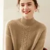Suéter Grueso de Cachemira de Montaña para Otoño e Invierno para Mujer, Color Sólido, Flor Retorcida, Cuello Semi Alto, Jersey de Cinco Agujas, Tres Hilos, Estilo Perezoso