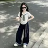 Conjunto de Verano Dopamina para Chicas de Secundaria: Conjunto de Dos Piezas: Top de Manga Corta con Cuello Azul Marino de Moda + Pantalones Casuales Finos Versátiles