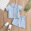 Comercio exterior para verano algodón y lino estilo casual manga corta cuello de polo color liso ropa de hombre y niño traje de dos piezas de verano