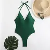 Nuevo Traje de Baño de una Pieza de Comercio Exterior Europeo y Americano con Cuello Halter Espalda Descubierta Grande Sexy para Mujer Amazon Transfronterizo