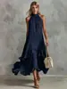 Vestido de playa blanco sin mangas con volantes de longitud media, moda casual elegante vintage europea y americana transfronteriza para mujer