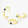 Pendientes de Anillo Abierto de Bambú con Lapislázuli de Plata de Ley 925 para Mujer Retro Lujo Accesible Joyería de Gama Alta Set Dorado