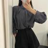 Camisa de Cetim Feminina Coreana de Alta Qualidade Dongdaemun Gola Alta Design de Laço com Fita Plissada Modelagem Slim Manga Longa