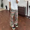 Calça Casual Dopamine Xadrez Arco-Íris para Homens, Corte Solto com Efeito Drapeado, Calça de Perna Larga Vintage Scythe de Perna Reta para Outono