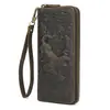 Cartera Larga de Cuero Crazy Horse Cartera Larga Vintage en Relieve con Correa de Mano Cartera con Cremallera de Cuero Genuino Billetera para Monedas con Múltiples Tarjetas